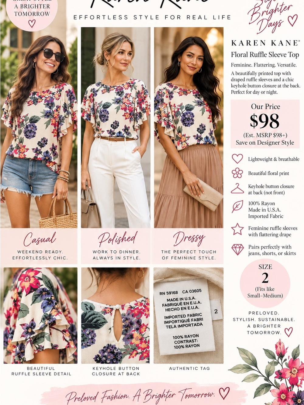 Karen Kane Cream Floral Ruffle Sleeve Blouse with Pink & Purple Blooms